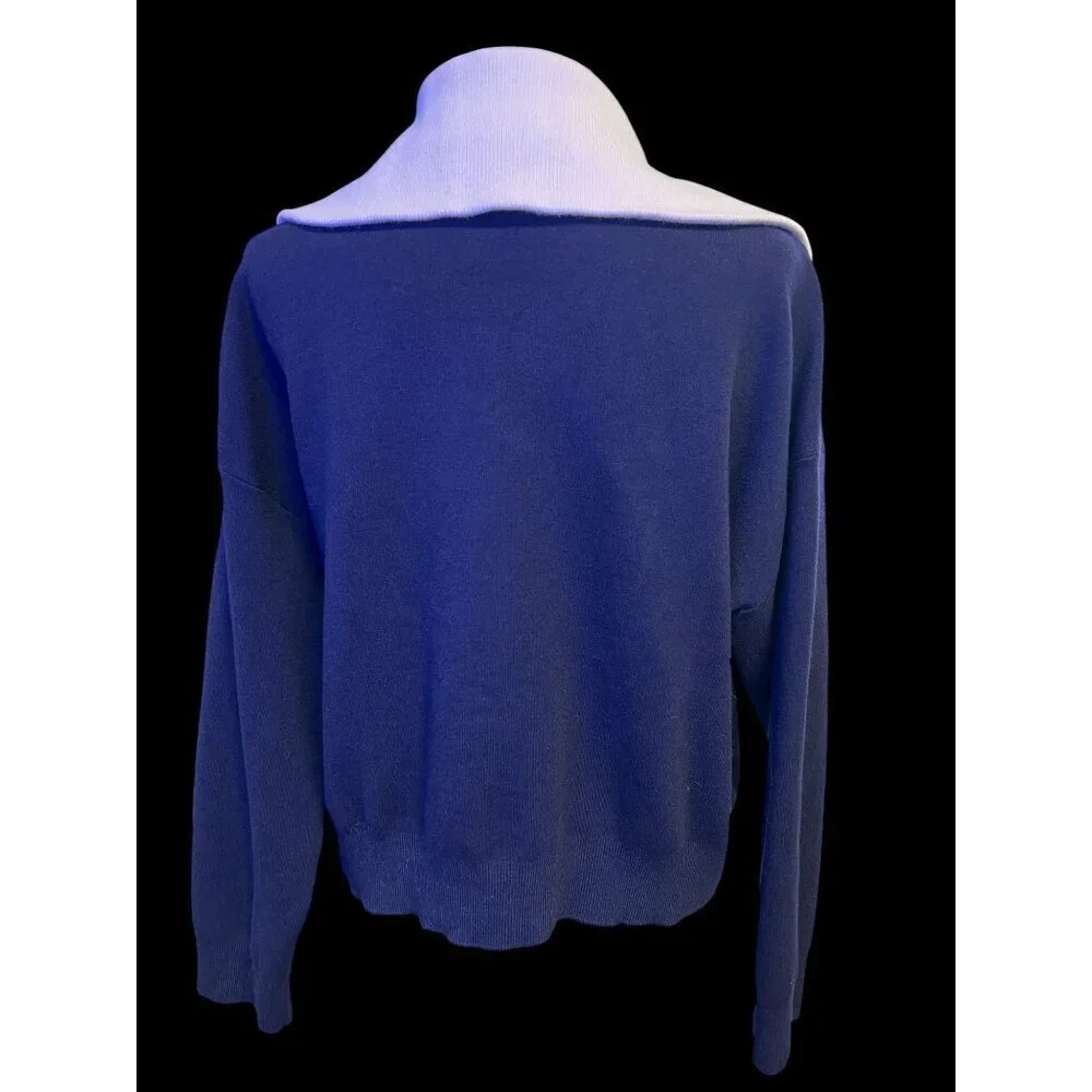 MNG Half-Zip Sweater Women Medium Navy Blue White Collar Coastal lagom cozy